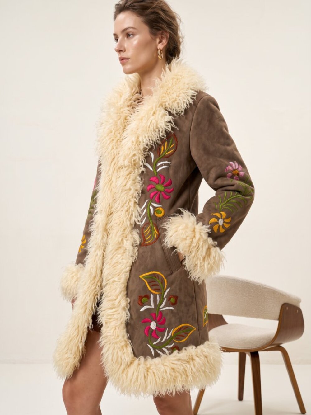 NEW Afghan Penny Lane Coat Embroidered Shearling Fur Coat 70s Boho Suede Jacket